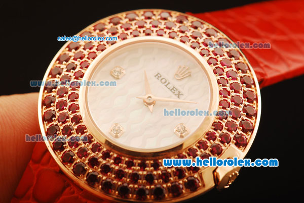 Rolex Datejust Swiss Quartz Movement Rose Gold Case with Red Diamond Bezel and Red Leather Strap - Lady Size - Click Image to Close